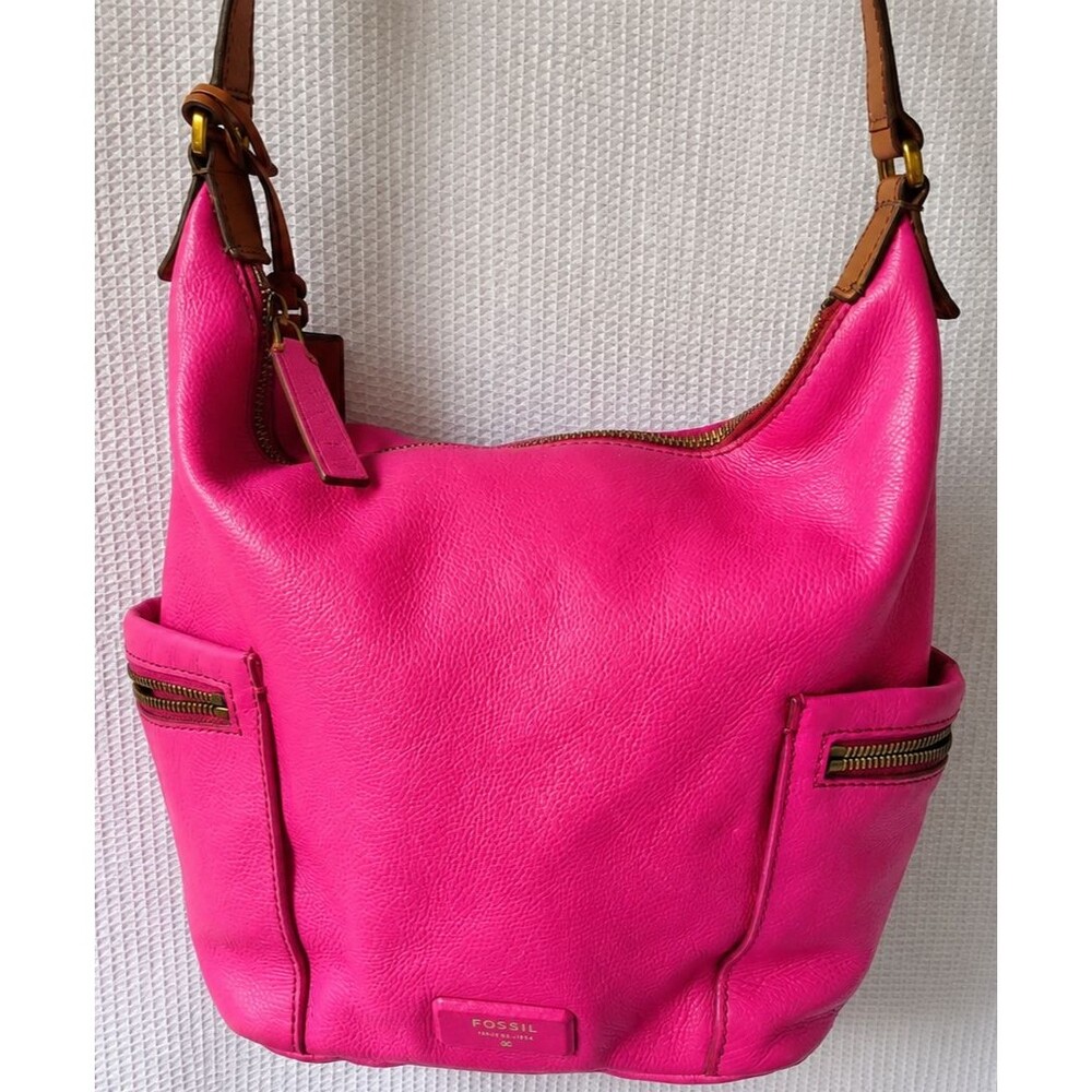 VTG Fossil Pink Leather Crossbody Bag Adjustable Strap Pockets Purse